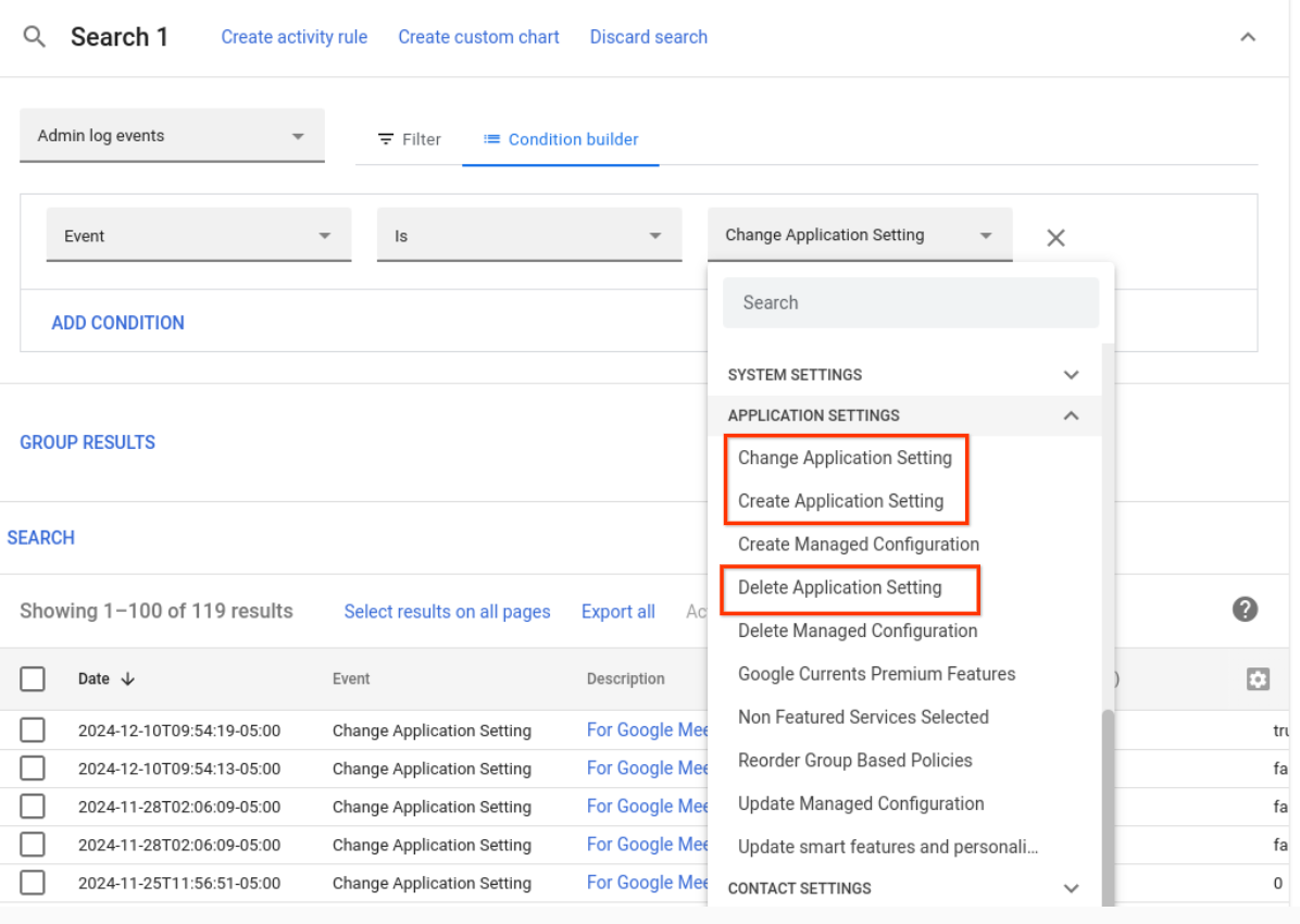The Application Setting events