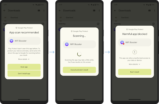 Image 1: ภาพหน้าจอโทรศัพท์แสดงการสแกนการติดตั้งแอปแบบเรียลไทม์ของ Google Play Protect เพื่อช่วยตรวจหาภัยคุกคามรูปแบบใหม่ๆ