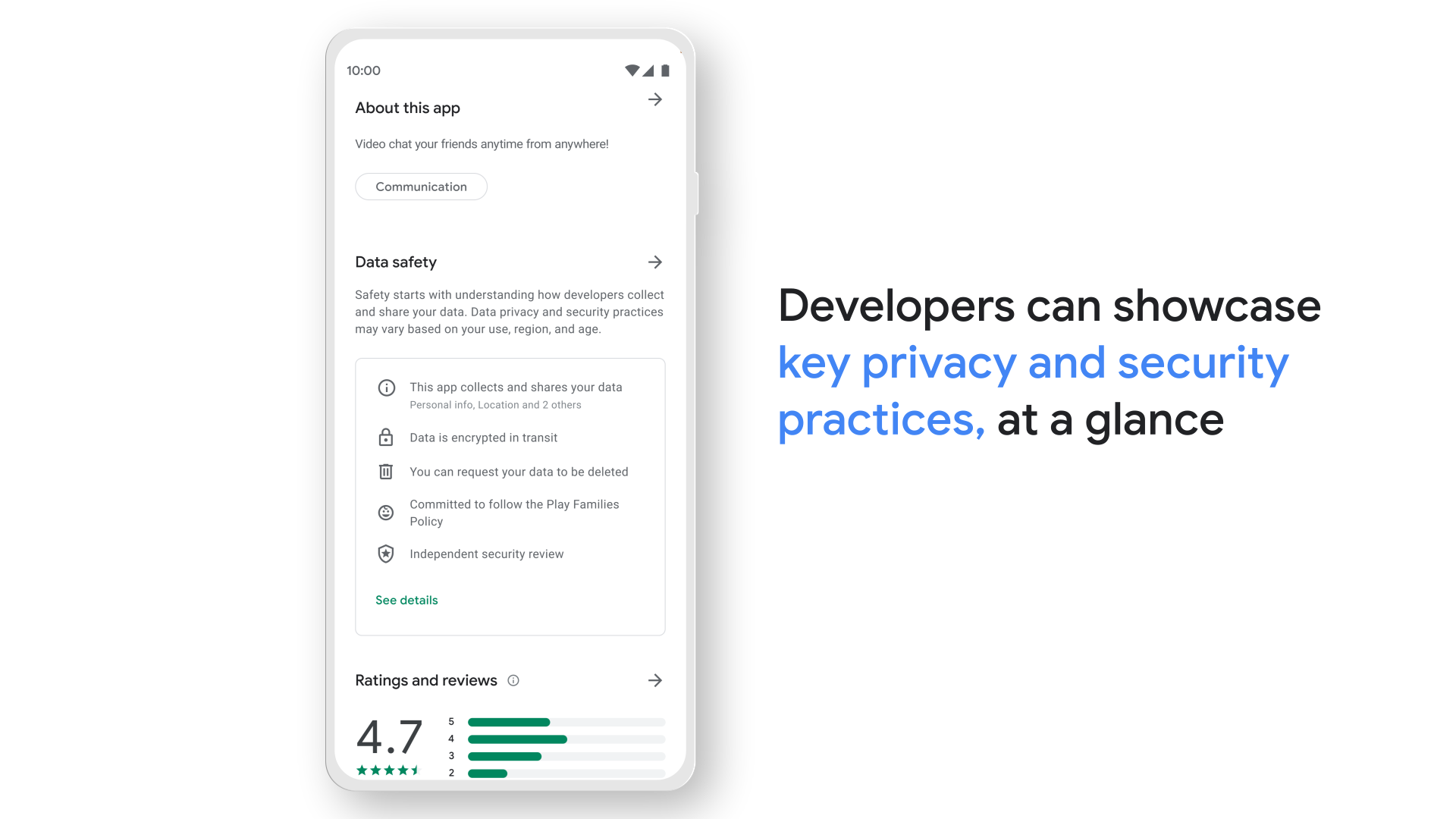 Image of app store data privacy and security section. Text reads Developers can showcase key privacy and security practices at a glance