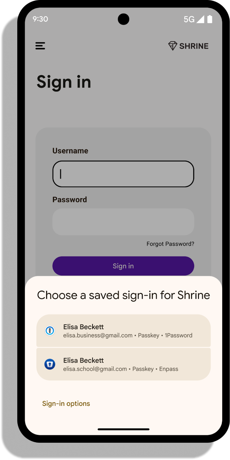 Image showing Credential Manager in app allowing user to choose a saved sign in from list of two accounts