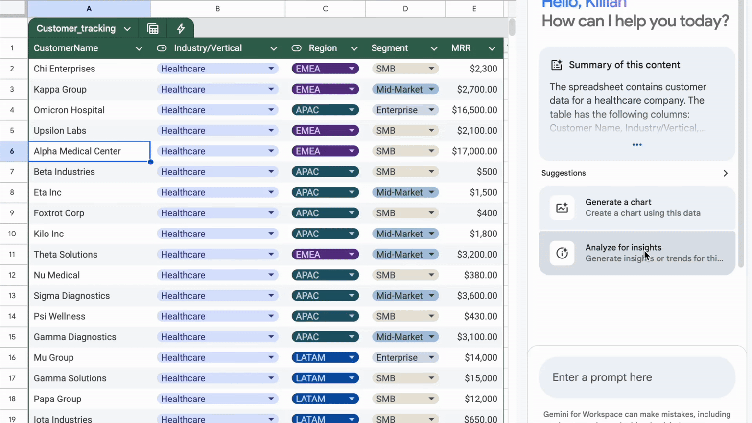 Ask Gemini in Sheets to share insights and trends from the data.