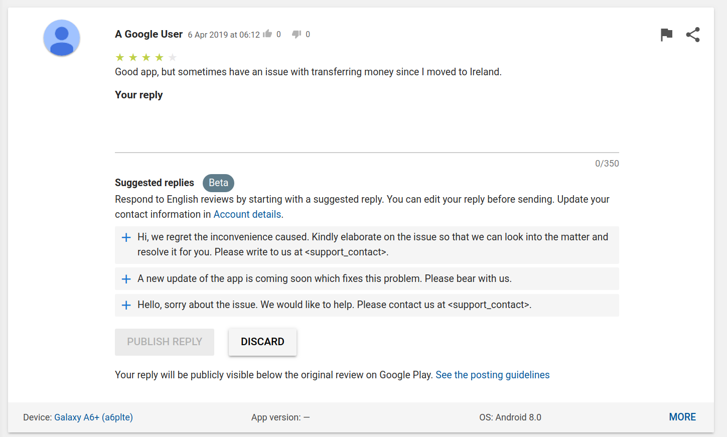 Google user review with suggested replies in Beta.