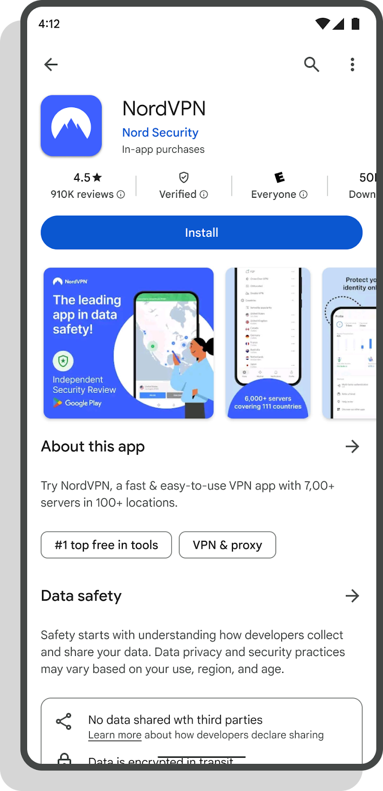 A screenshot of the NordVPN app page on the Google Play Store. The app has a 4.6-star rating and is verified by Google Play Protect and description mentions 6,000+ servers in 110+ locations and highlights its data safety features.