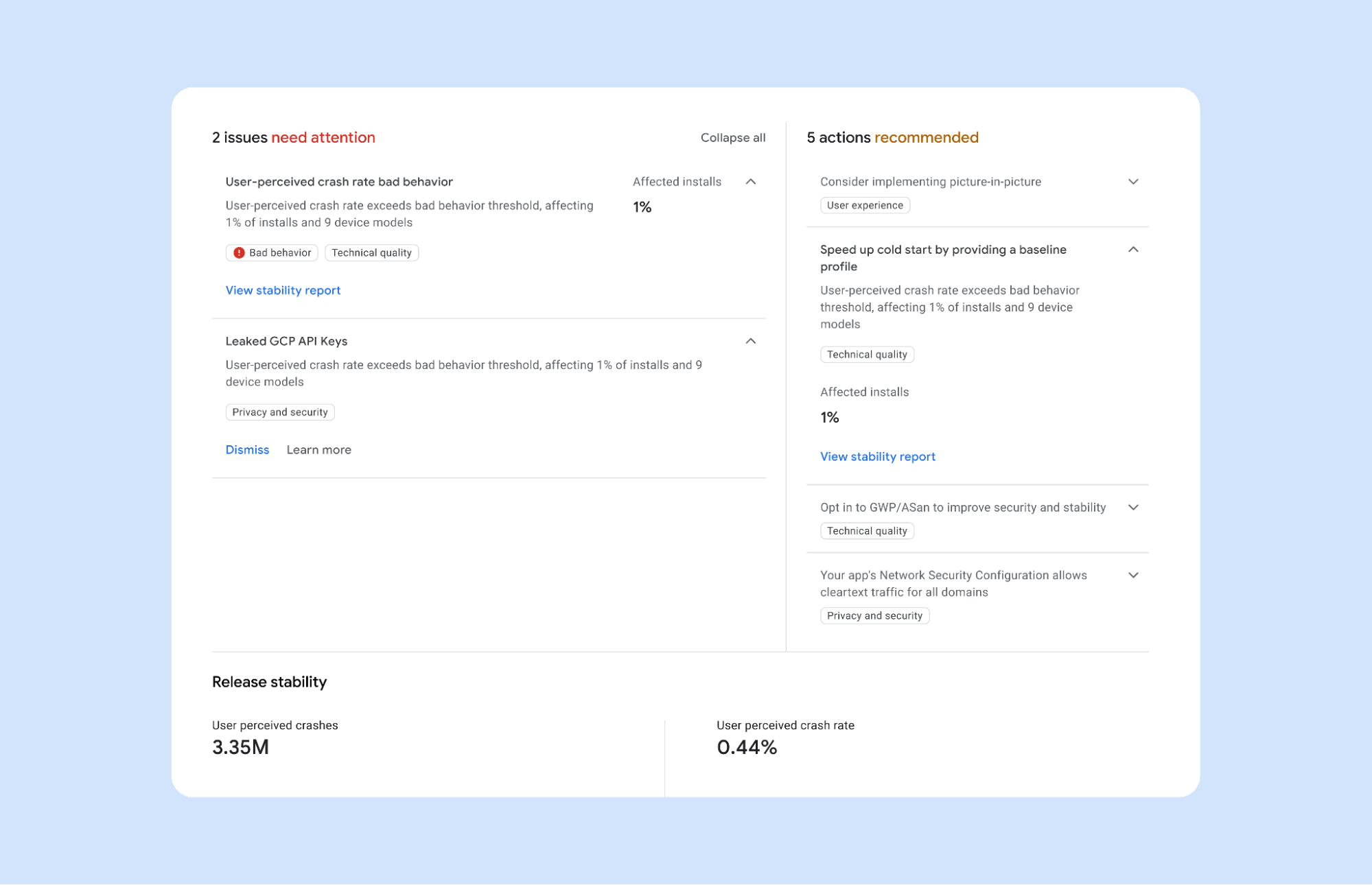 The quality panel in the redesigned app dashboard in Google Play Console