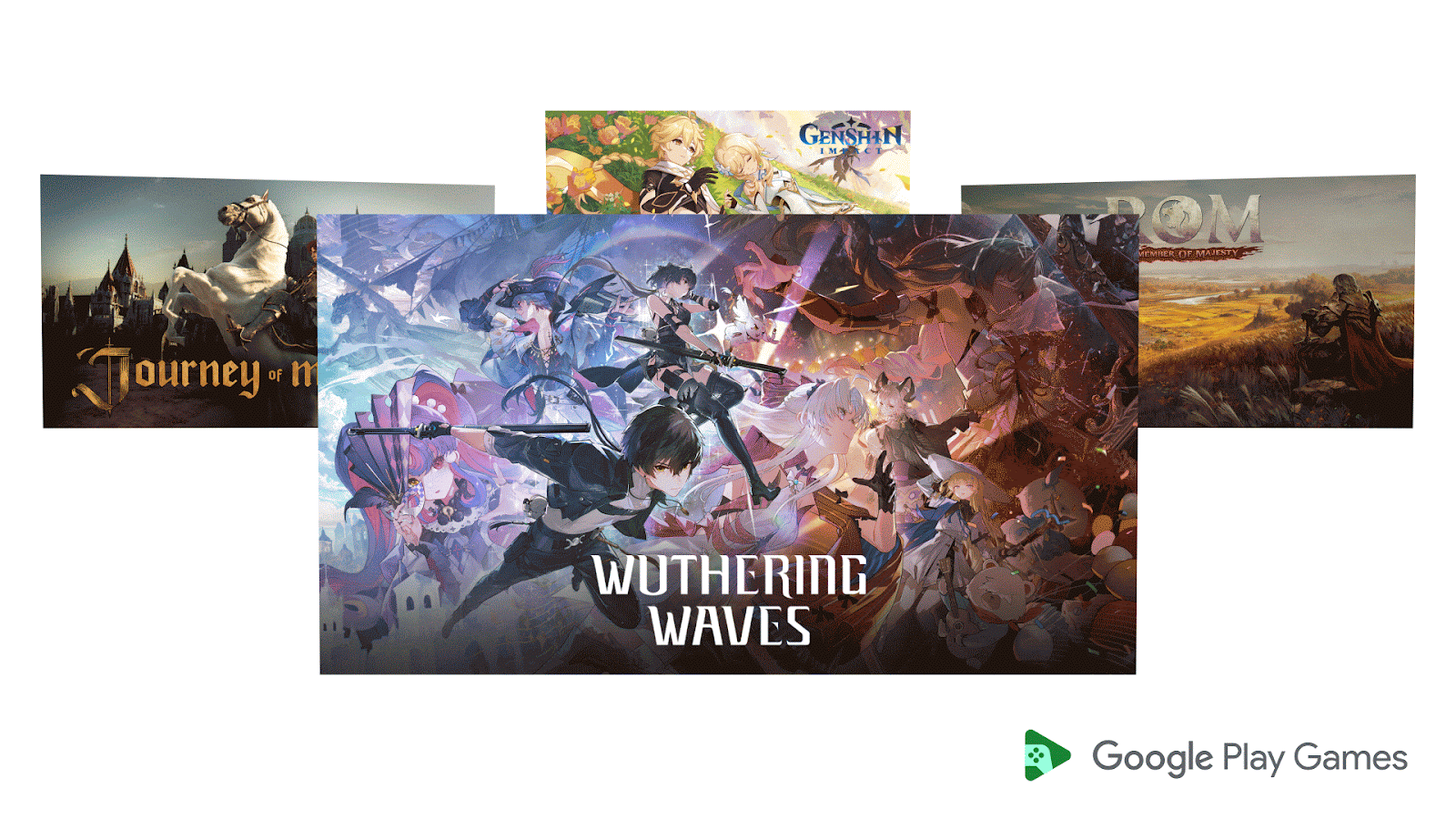 Moving image of thumbnails for popular PC Games on Google Play – Remember of Majesty, Genshin Impact, Joourney of Monarch, and Wuthering Waves