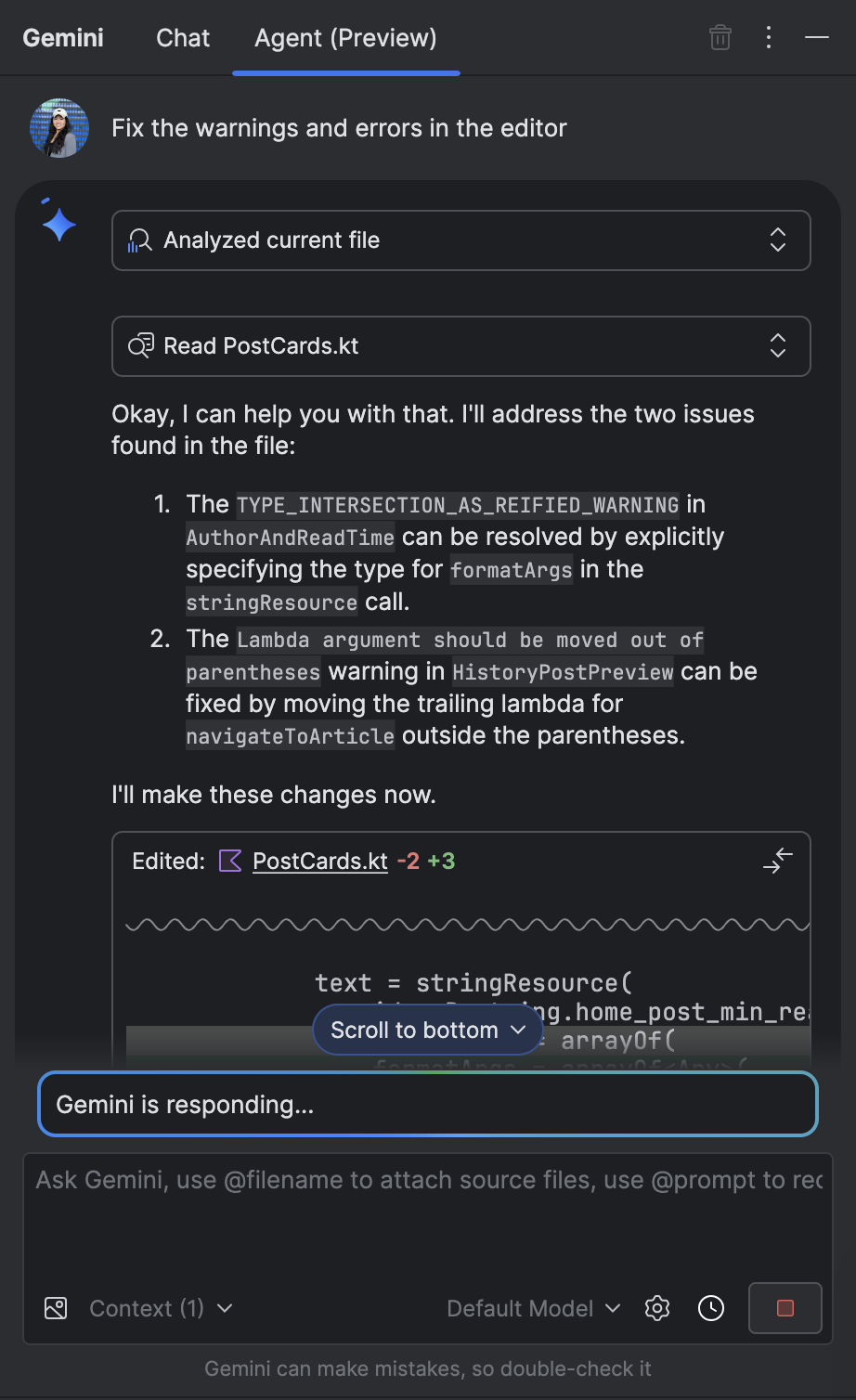screen grab of Gemini's Agent Mode in Android Studio