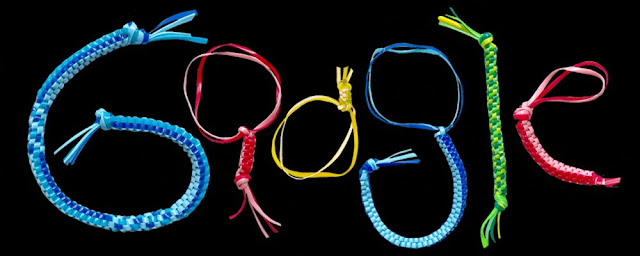 Version of the google logo presented in boondoggle/scoubidou braids.