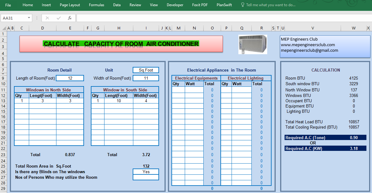 Calculate Air Conditioner Size For A Room Excel Sheet