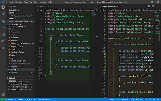 VSCode screenshot showing different documents with different color backgrounds