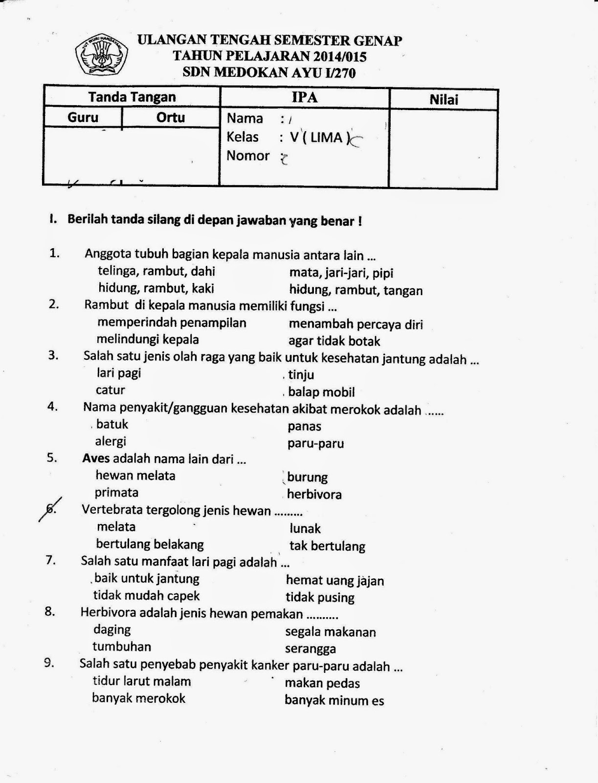 UTS Semester Genap TA 2014 2015 Mata Pelajaran IPA Kelas 5 SD