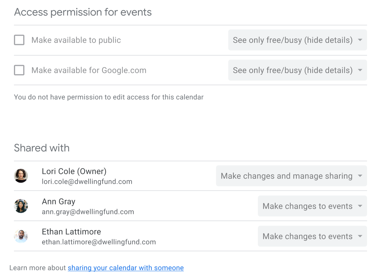 users with the ability to “Make changes to events” can now see the members of the shared calendar, i.e. who their events are shared with.
