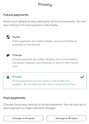 Venmo Privacy settings page with options for Public, Friends, and Private. The current selection is Private. Below are buttons to change past transactions to Friends or to Private.