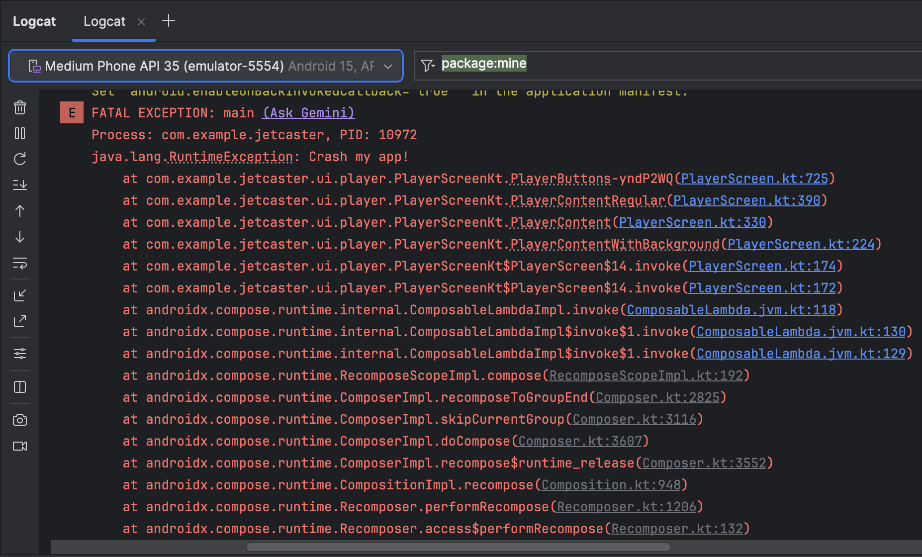 screenshot of getting contextual responses on how to resolve a crash from by Gemini in Android Studio