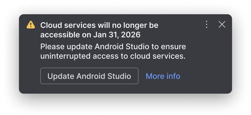 Example notification for services compatibility policy in Android Studio