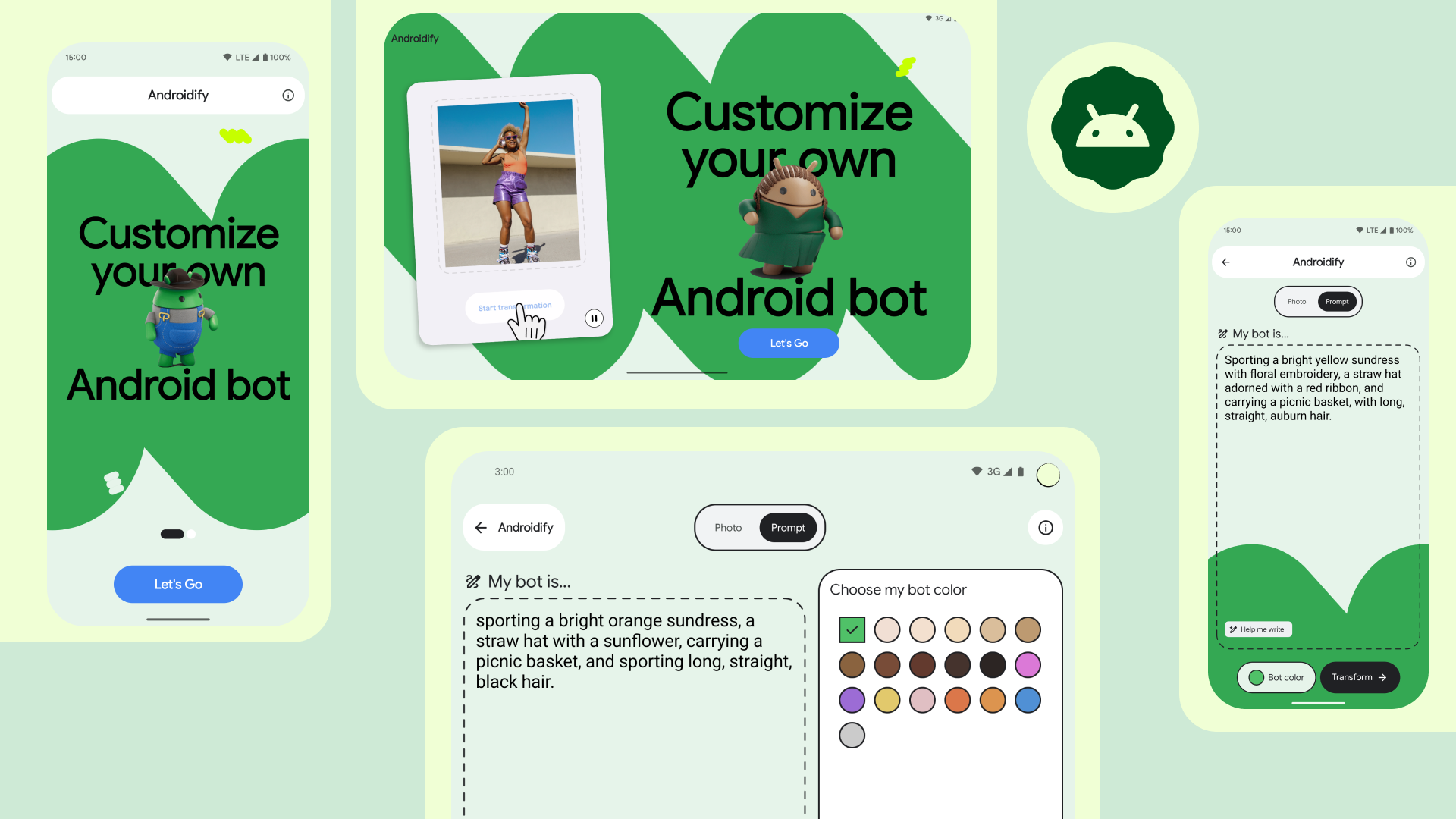 a collage of different adaptive layouts for the Androidify app across small and large screens