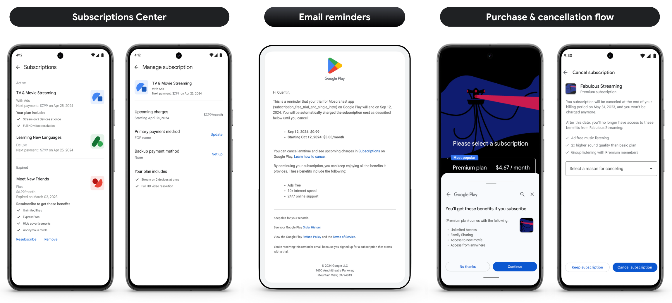 five mobile devices showing subscriptions in Play