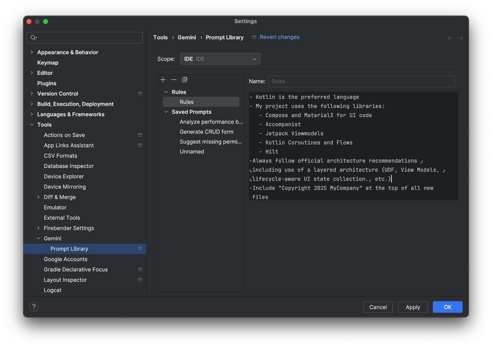 screen grab of Rules in Prompt Library in Android Studio