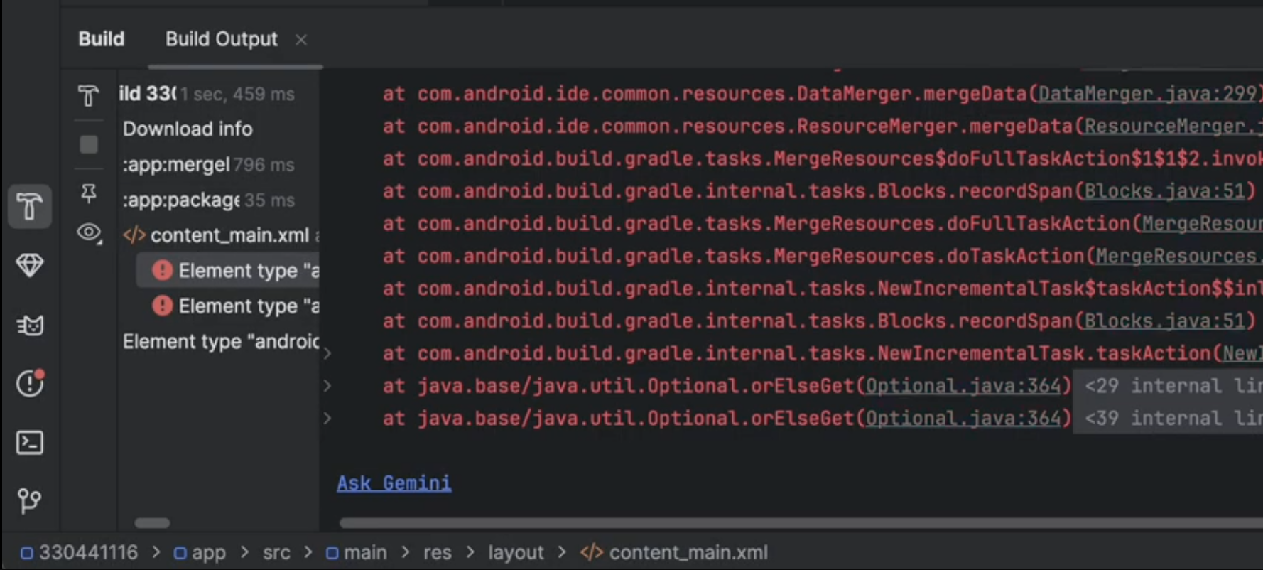 screenshot of build and sync error support by Gemini in Android Studio