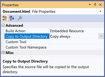 Visual Studio Properties window showing the "Copy to Output Directory" setting
