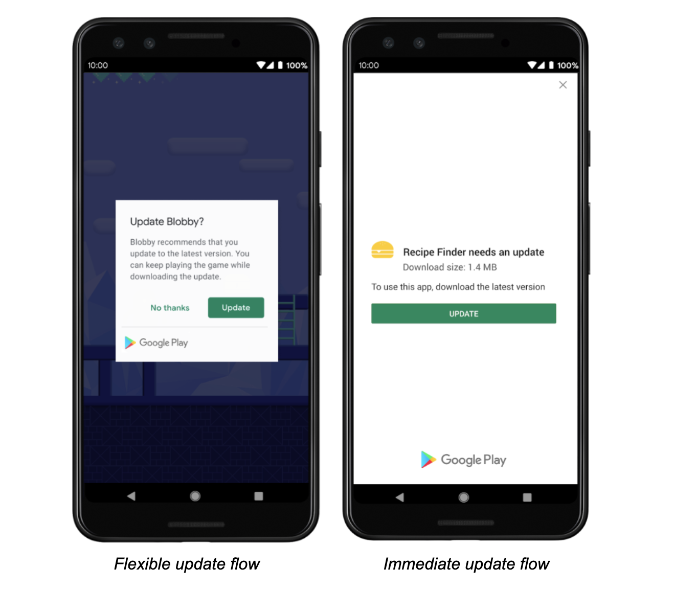 Two iPhones side by side. The first on displaying Flexible update flow with a pop up recommending an update. The second displaying Immediate update flow with a pop up recommending an update.
