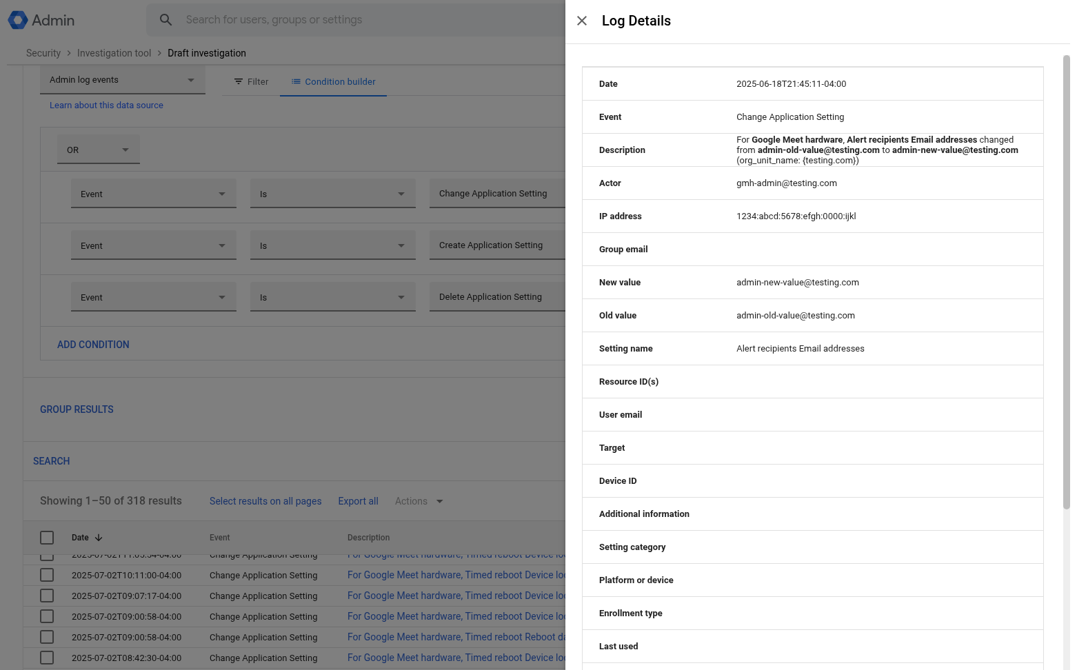 Example log details for Event > Change Application Setting