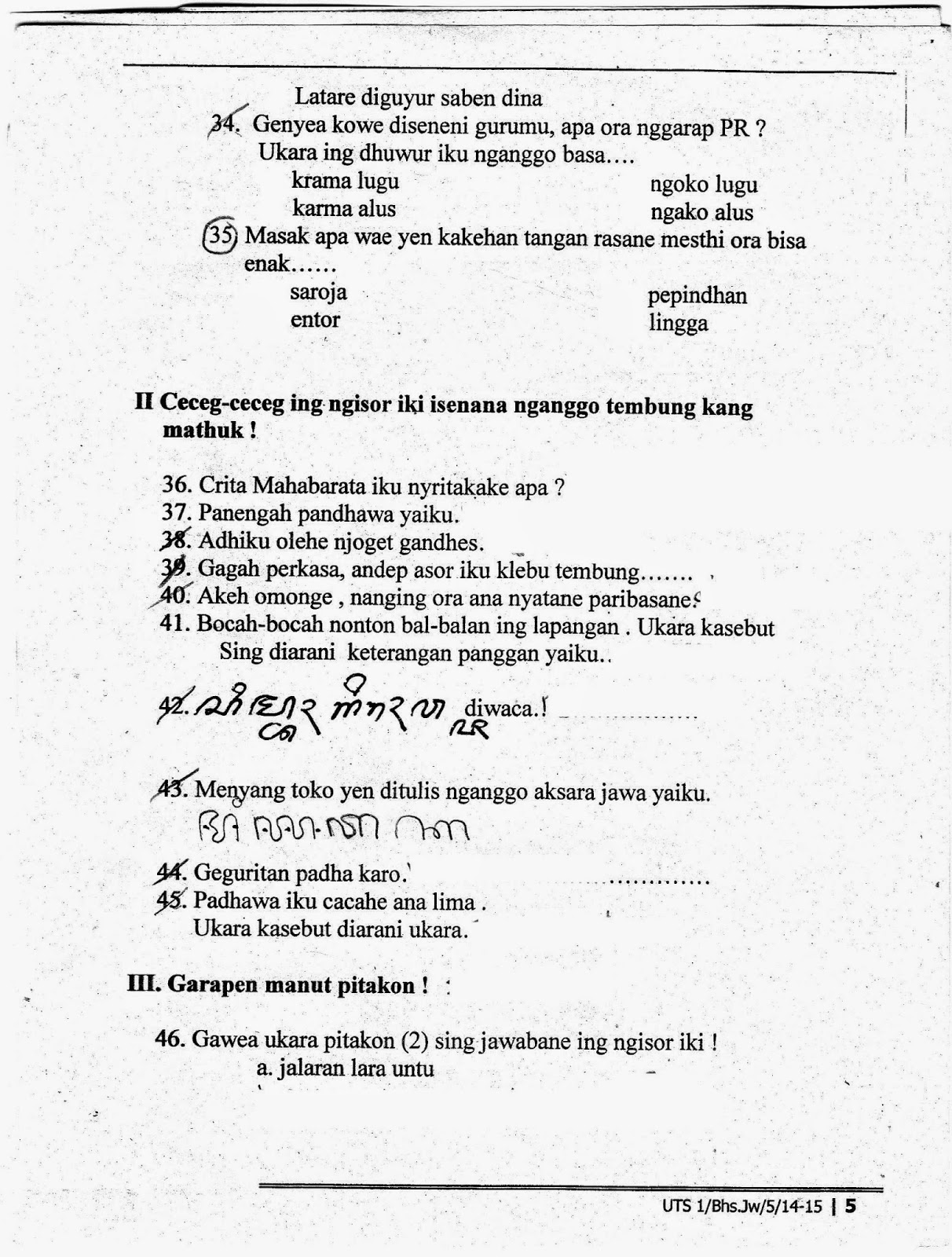 UTS Ke 1 Semester Ganjil Bahasa Jawa Kelas 5 SD TA 2014 2015 Kurikulum 2013 Halaman 5