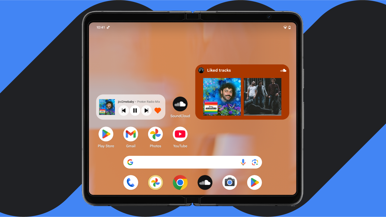 A foldable smartphone is open, displaying various apps and widgets, including music controls and 'Liked tracks'