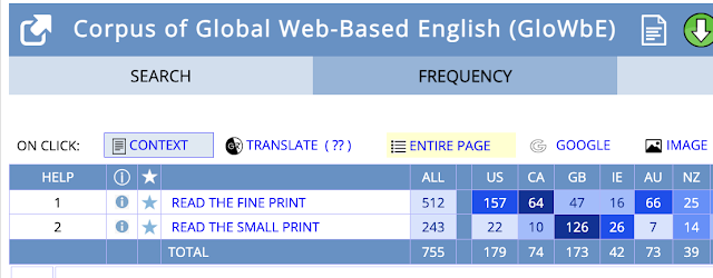 GloWbE results showing fine:small in the phrase READ THE _____ PRINT  at a ratio of 157:22 in US and 47:126 in UK.