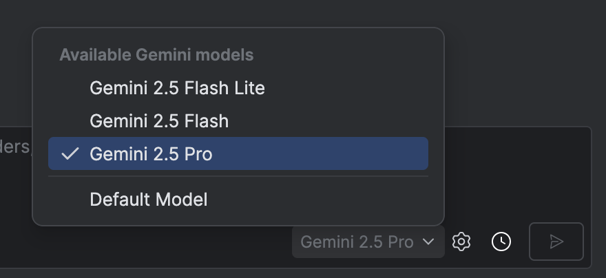 screen grab of Gemini's model selector in Android Studio