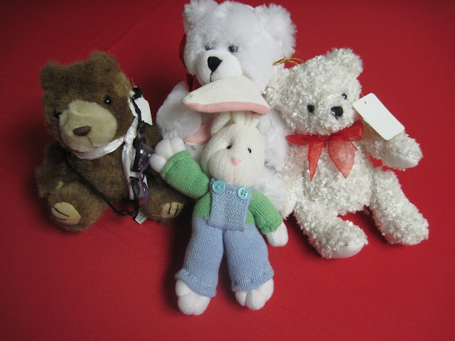 Thrift Store stuffed animals for packing in Operation Christmas Child shoeboxes.