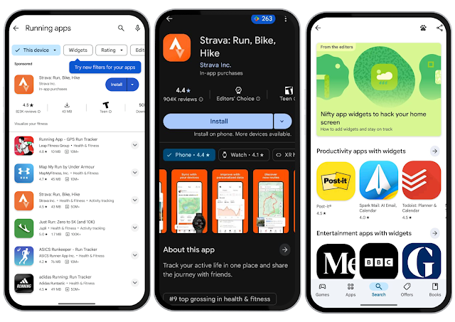 Three side-by-side displays of using the widget filter in Google Play Store
