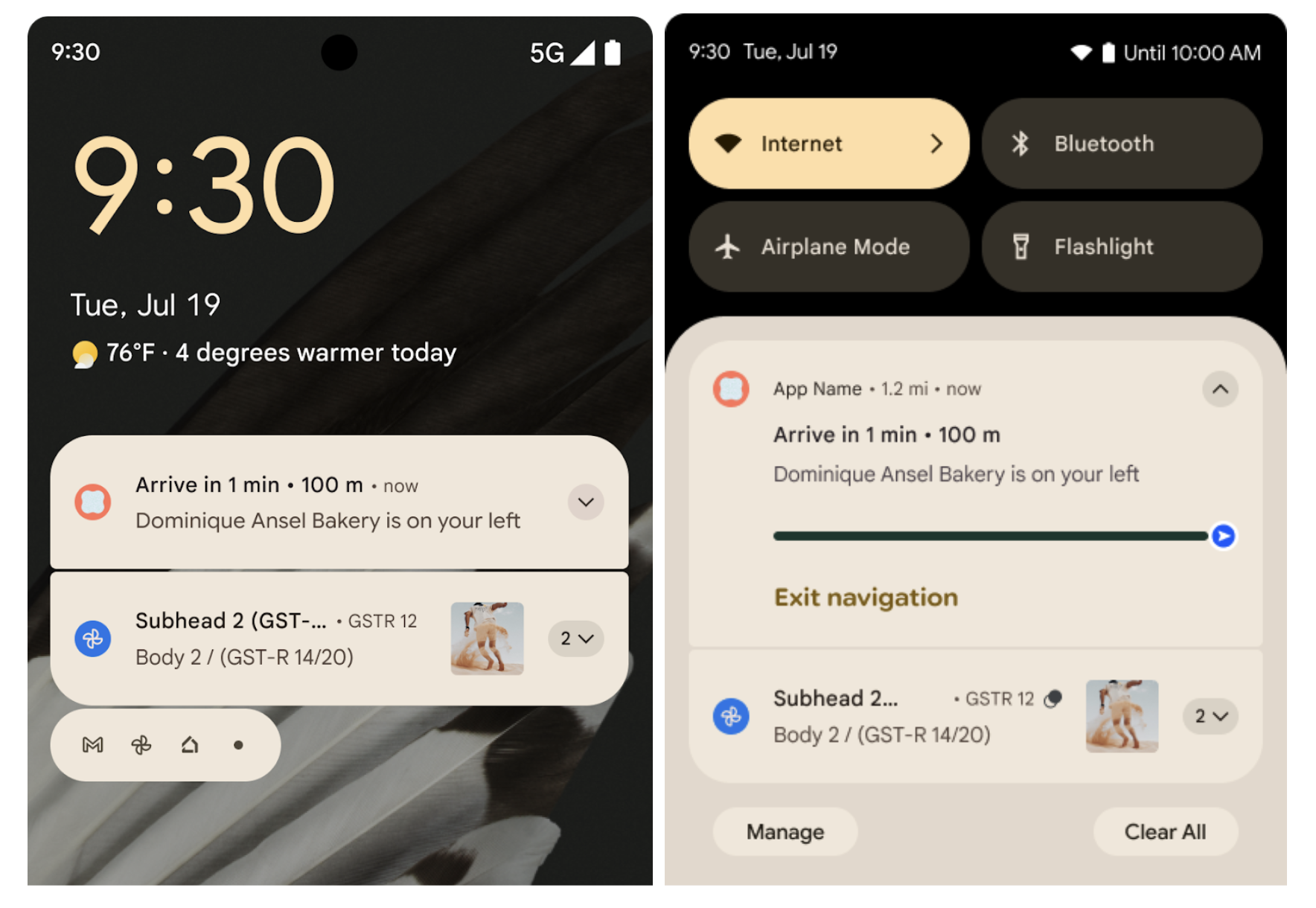 side-by-side screenshots of a Pixel device showing progress notifications on the homescreen on the left and the updated progress notification in the notification menu on the right