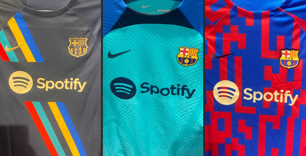 Fc Barcelona 22 23 Training Pre Match Shirts Launched All Feature Spotify Sponsor Footy Headlines
