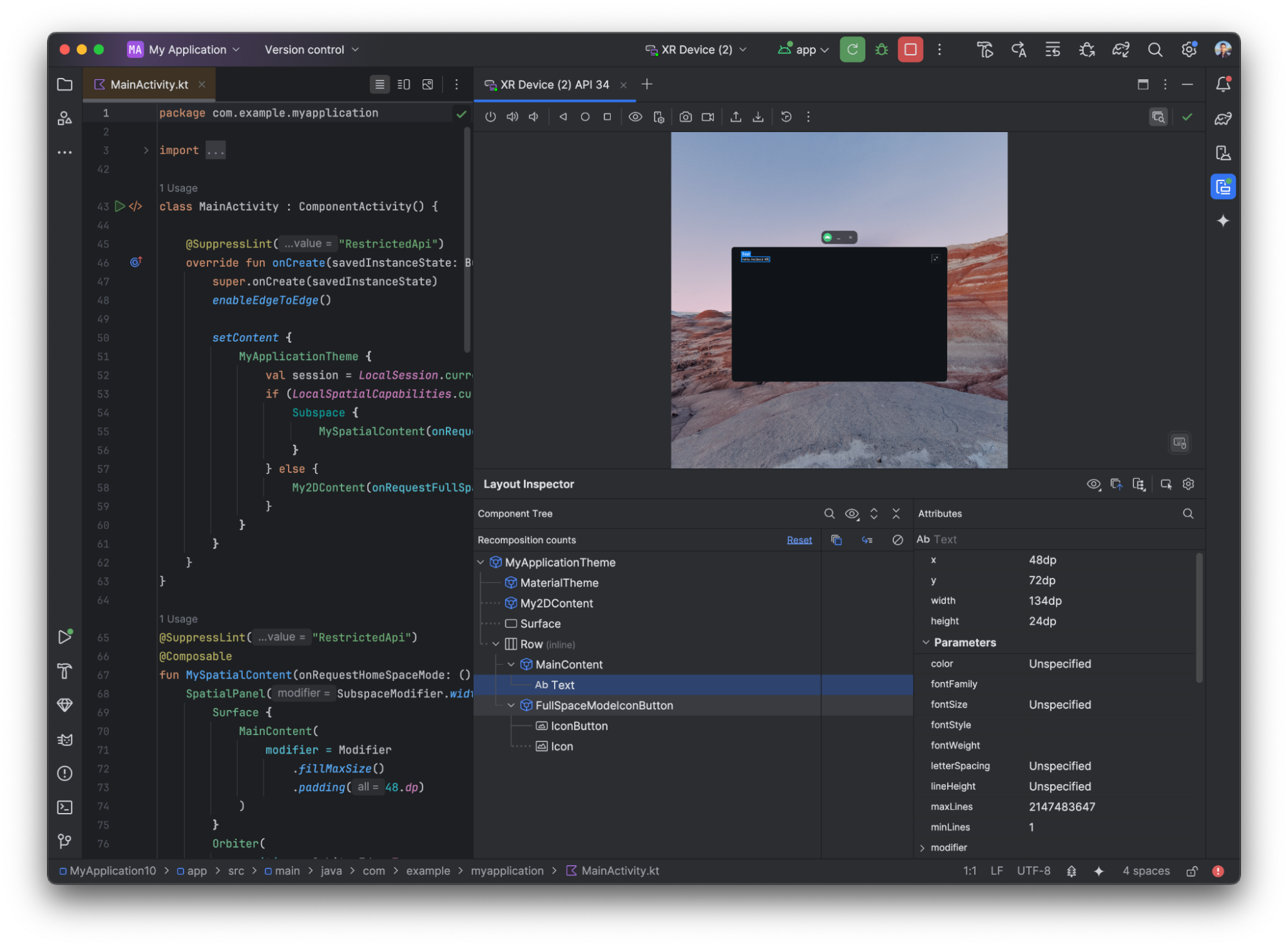 Embedded Layout Inspector for XR in Android Studio