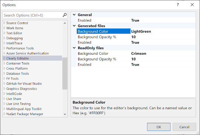 Options dialog showing the default settings.