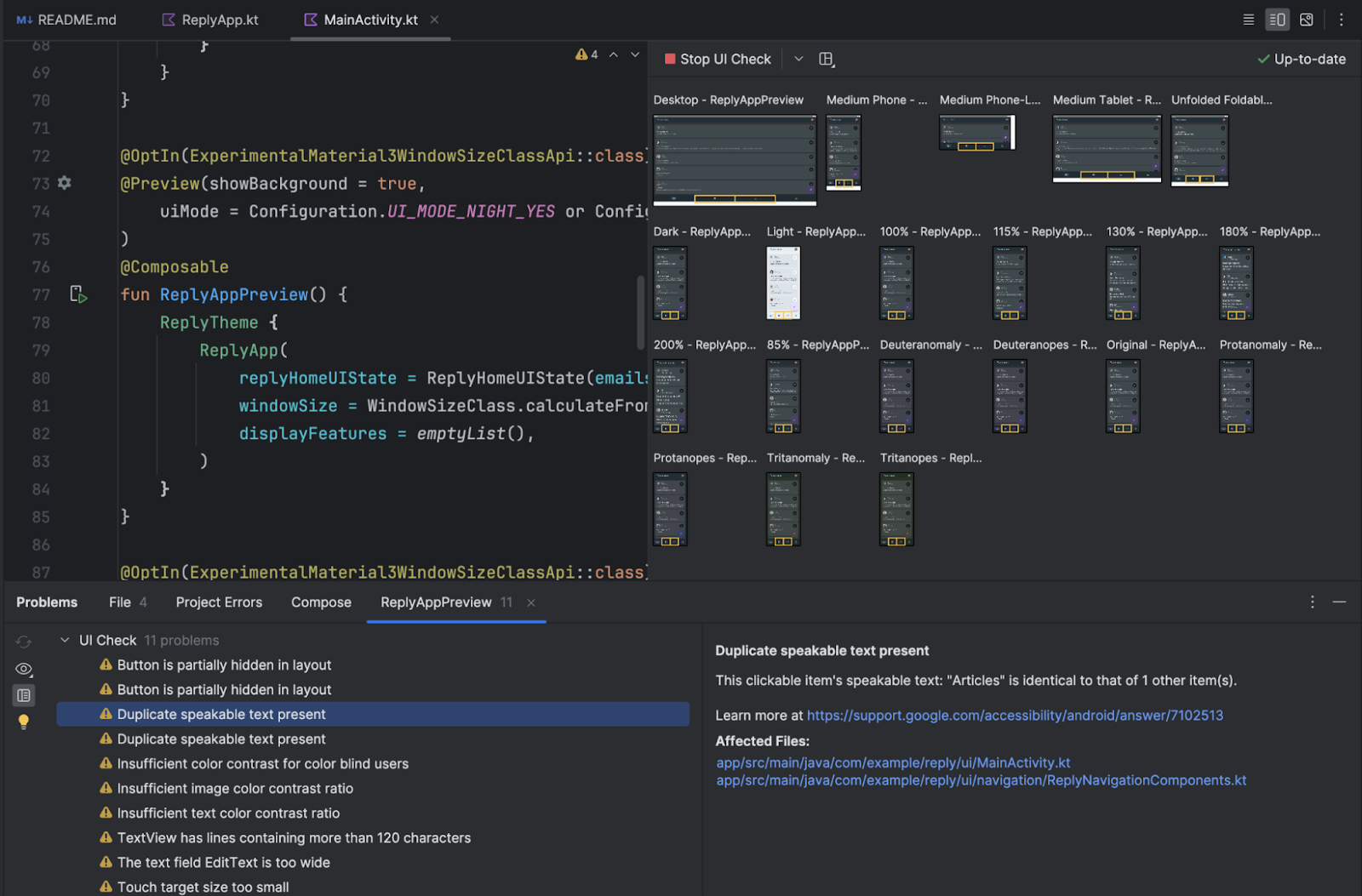 UI Check results of Reply App in Compose Preview