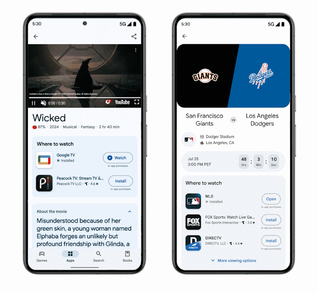 a moving image of two mobile devices displaying new browse pages for media and entertainment in the Play Store