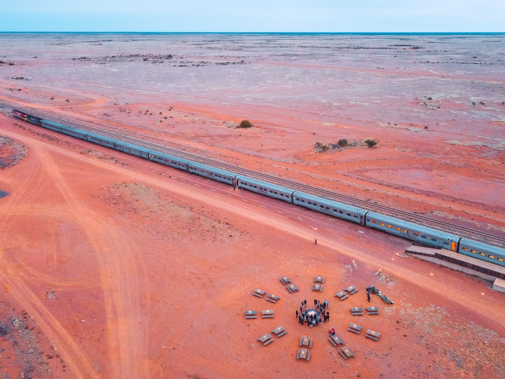 Aerial shot of the Ghan train showing how long it is with 12 carriage in view.