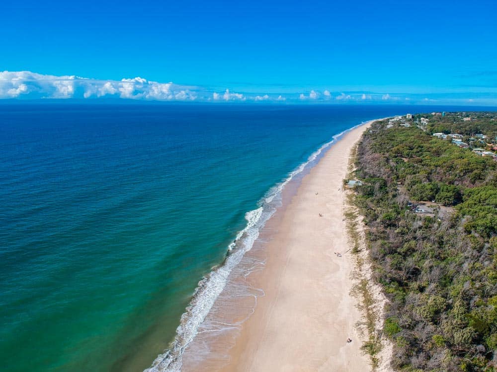Aerial view of Bribie Island beach on a beautiful sunny day