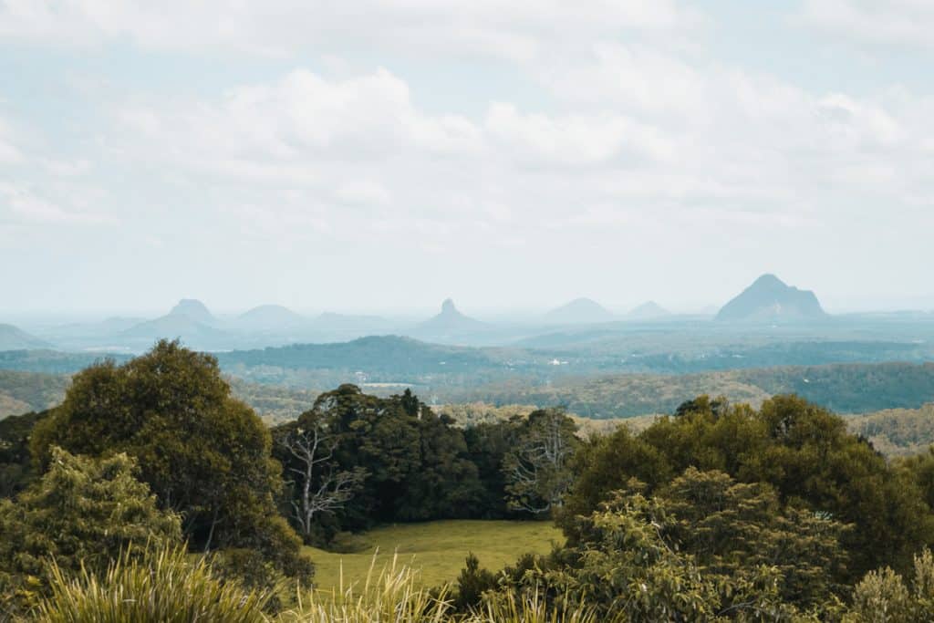 View of the Glass House Mountains from Sunshine Coast hinterland