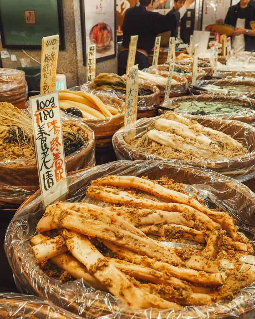 Delicacies at a Nishiki Market stall