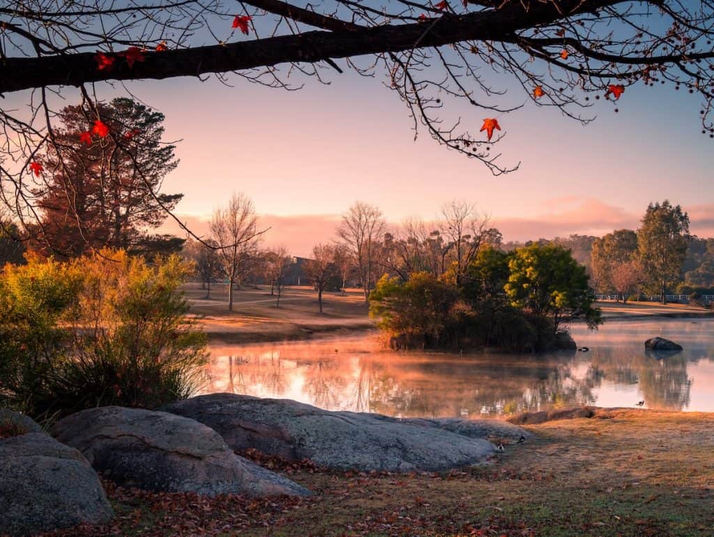 Misty sunrise over the lake in Stanthorpe during winter