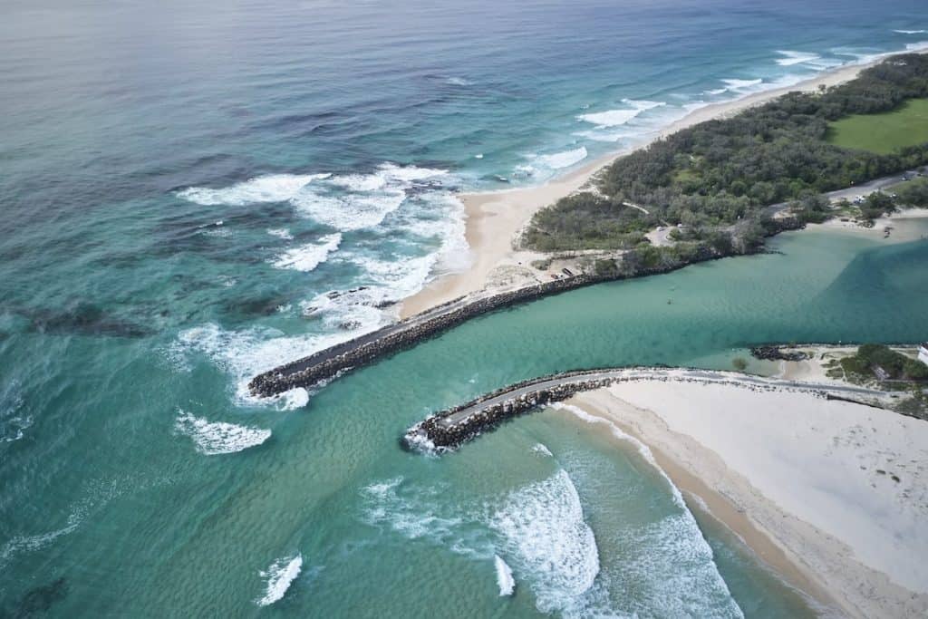 Aerial shot of the entrance to the Tweed River on the NSW coastline
