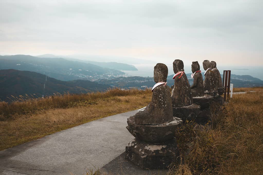 Buddist Statues on Omuro Mountain Shizuoka overlooking Ito City on Izu Peninsula in Japan