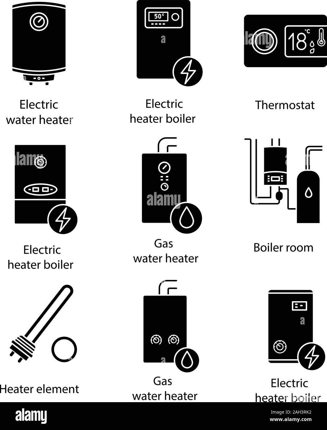 Heating Glyph Icons Set Boilers Heaters Thermostat Boiler Room