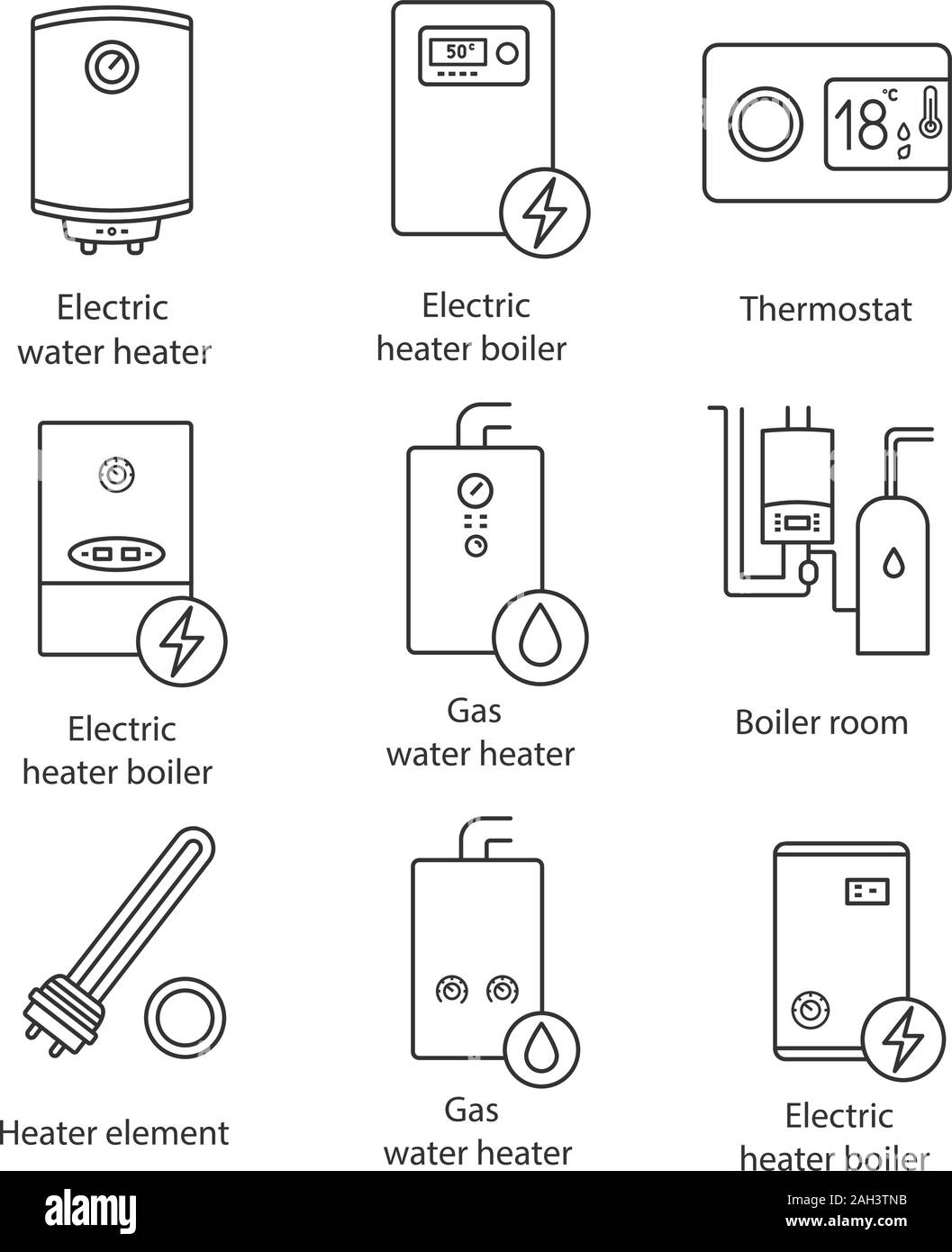 Heating Linear Icons Set Boilers Heaters Thermostat Boiler