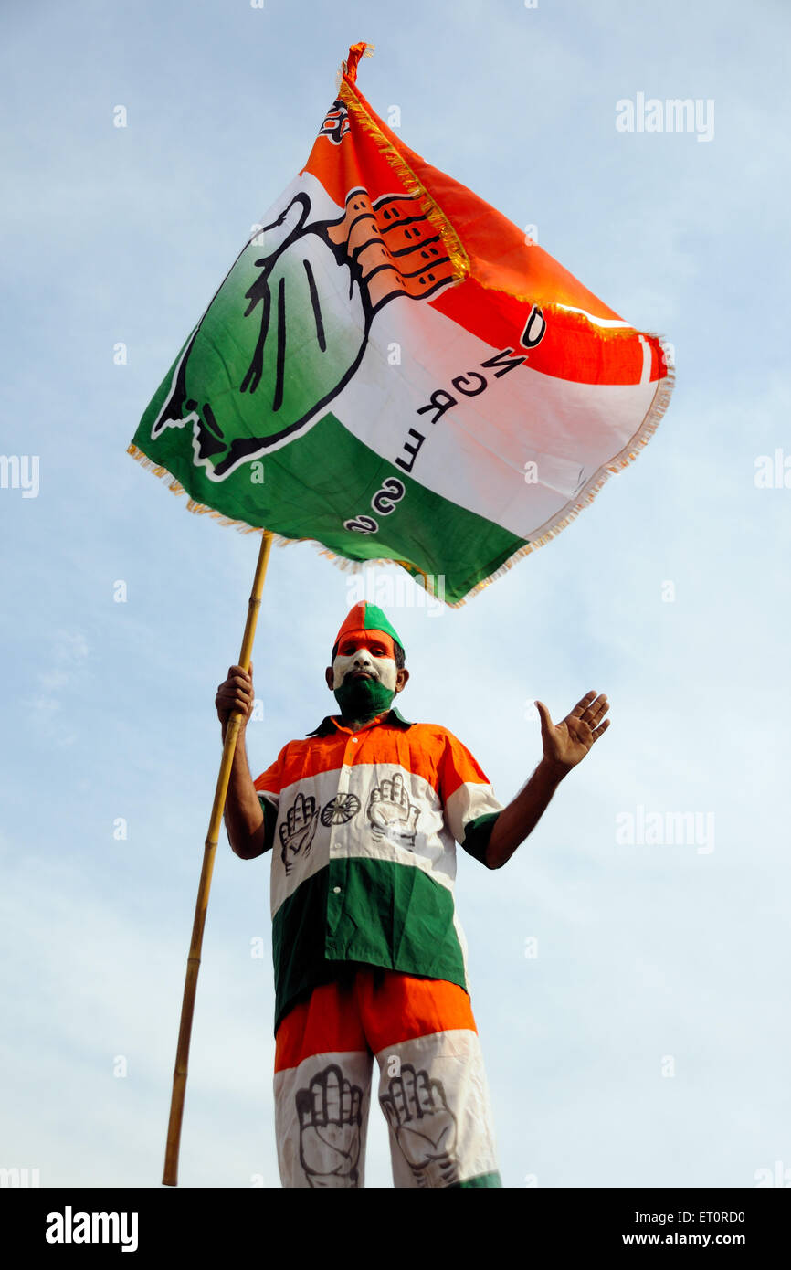 Man Wearing And Holding Congress Party Flag Mr 769b Stock Photo Alamy