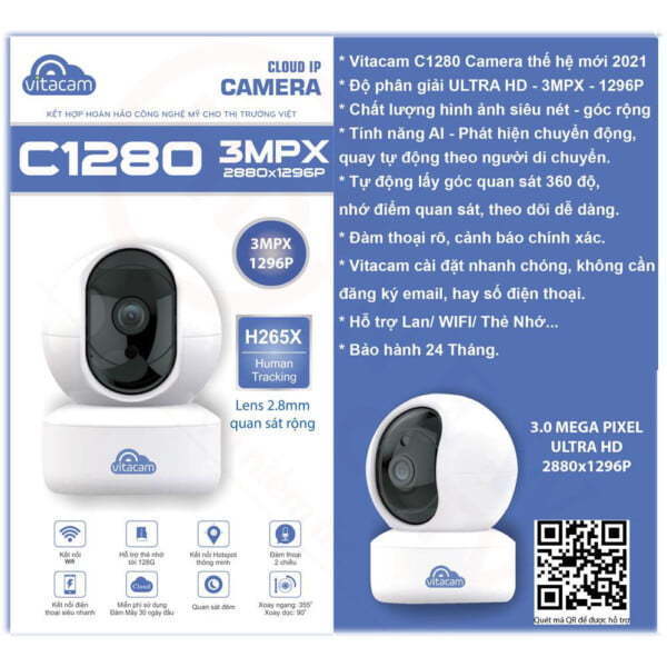Vitacam C1280 - Camera IP 3MP góc siêu rộng, chuyên dùng trong nhà | HDnew CCTV