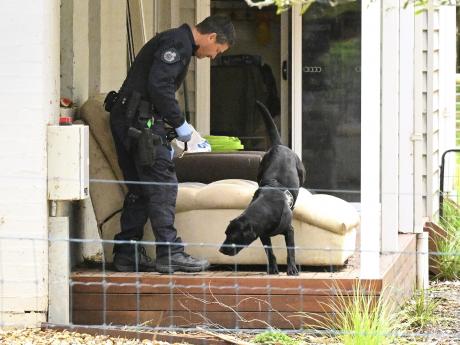 A police officer and dog investigate at the property of Erin Patterson in Leongatha, Australia, today. Australian police today arrested Patterson in an investigation of a suspected mushroom poisoning incident that left three people dead. - AP photo