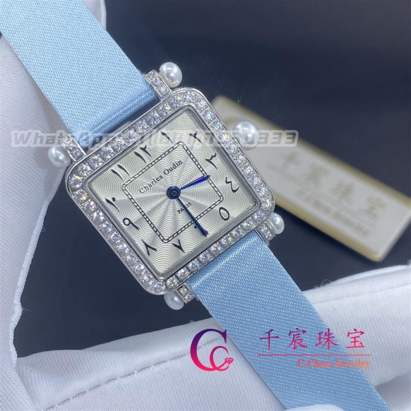 Charles Oudin Pansy Retro with Pearls Watch Medium 24mm Arabic Style Baby Blue Straps